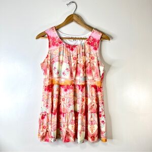 Tribal Jeans Boho Pink Orange Floral Tiered Tank Top Peplum Summer Blouse Medium